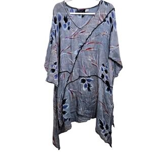 Winter Sun 100% Linen Art to Wear Midi Dress Sun Jacket Hand Painted Grey Blue L